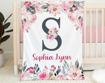 Pink Floral Girl Blanket, Floral Baby Name Blanket, Baby Girl Gift, Personalized Toddler Girl Floral Name Blanket, Custom Kids Name Blanket