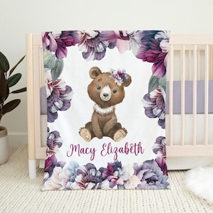 Purple Baby Bear Blanket, Baby Girl Woodland Blanket, Purple Floral Bear Kids Blanket, Personalized Bear Baby Blanket, Watercolor Flowers