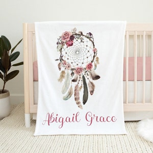 Personalized Baby Girl Dreamcatcher Blanket, Custom Girl Name Blanket, Floral Boho, Boho Baby Name Blanket, Baby Shower Gift, Newborn girl