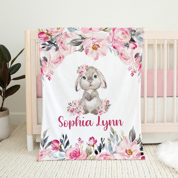 Pink Floral Bunny Blanket, Girl Bunny Rabbit Blanket, Baby Girl Name Blanket, Personalized Baby Name Blanket, Custom Toddler Girl Blanket