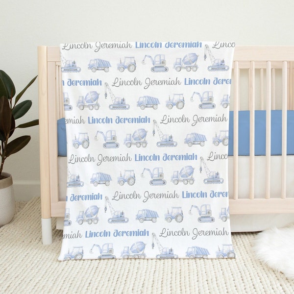 Personalized Baby Blanket, Baby Boy Construction Truck Blanket, Baby Name Blanket, Blue Construction Vehicle Blanket, Newborn Boy Swaddle,