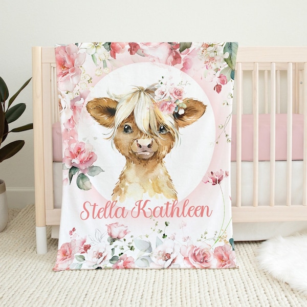 Pink Floral Highland Cow Baby Name Blanket, Baby Girl Cow Blanket, Girl Floral Highland Cow Personalized Blanket, New Baby Gift Farm Nursery