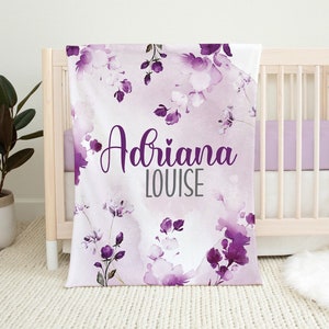 Purple Floral Personalized Baby Girl Name Blanket, Custom Name Girl Blanket, Newborn Girl Purple Nursery Custom Blanket, Baby Name Blanket