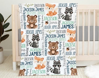 Baby Boy Personalized Woodland Animals Baby Name Blanket, Newborn Boy Custom Name Gift, Boy Name Blanket, Fox Bear Raccoon, Baby Swaddle