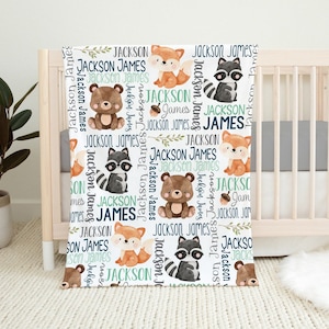 Baby Boy Personalized Woodland Animals Baby Name Blanket, Newborn Boy Custom Name Gift, Boy Name Blanket, Fox Bear Raccoon, Baby Swaddle
