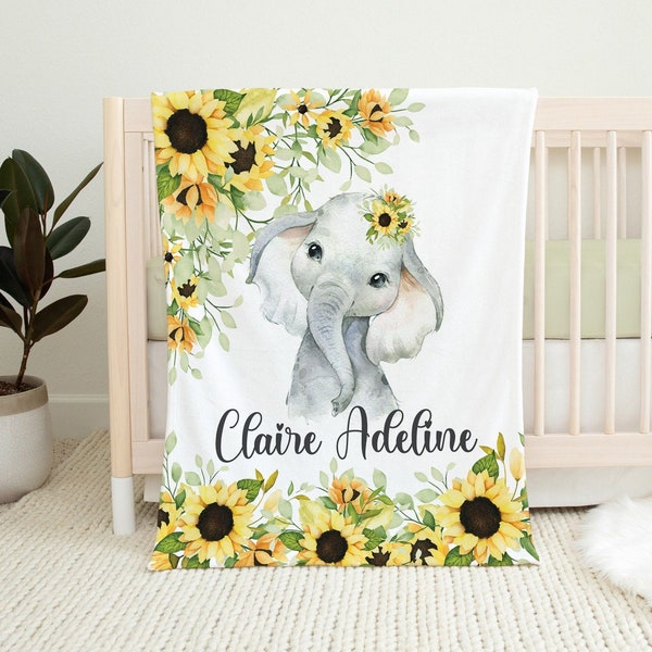 Sunflower Elephant Blanket, Personalized Baby Girl Name Blanket, Custom Baby Name, Floral Elephant, Custom Name Girl Gift, Elephant Decor