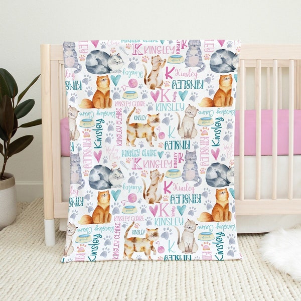 Personalized Girl Cat Blanket, Baby Blanket with Cats, Baby Girl Cat Name Blanket, Cute Cats Girl Blanket, Toddler Girl Custom Name Blanket