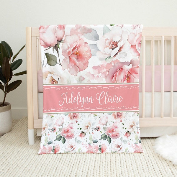 Pink Rose Baby Name Blanket, Personalized Floral Blanket, Baby Girl Custom Name Gift, Infant Girl Blanket Roses, Baby Gift, Floral Nursery