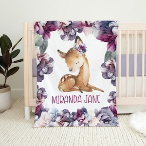 Purple Floral Deer Baby Blanket, Personalized Deer Blanket, Newborn Baby Girl Woodland Blanket, Woodland Girl Nursery, Kids Name Blanket