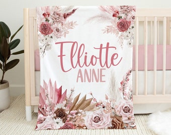 Pink Boho Baby Name Blanket, Personalized Pink Floral Baby Girl Blanket, Pink Flowers Baby Blanket, Baby Girl Gift, Infant Girl Name Blanket