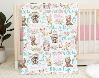 Personalized Baby Girl Woodland Animals Name Blanket, Pink Aqua Girl Woodland Baby Blanket, Custom Name Blanket, Minky/Fleece Girl Blanket