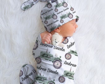 Green Tractor Personalized Swaddle Set for Baby Boys, Boy's Farm