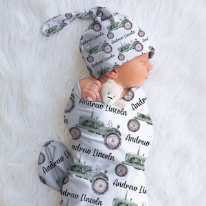 Green Tractor Personalized Swaddle Set for Baby Boys, Boy&#39;s Farm Tractor Swaddle Hat Set, Farm Theme Blanket & Hat, Custom Infant Beanie