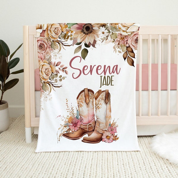 FLORAL COWGIRL Boots Girl Name Blanket, Western Boho Baby Name Blanket, Floral Cowboy Boots Blanket, Western Cowgirl Blanket, Baby Girl Gift