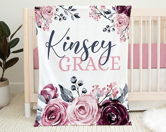 Floral Rose Name Blanket, Personalized Girl Baby Blanket, Baby Girl Custom Name Blanket, Personalized Baby, Newborn Baby Girl Custom Blanket