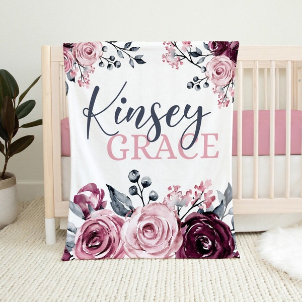 Floral Rose Name Blanket, Personalized Girl Baby Blanket, Baby Girl Custom Name Blanket, Personalized Baby, Newborn Baby Girl Custom Blanket