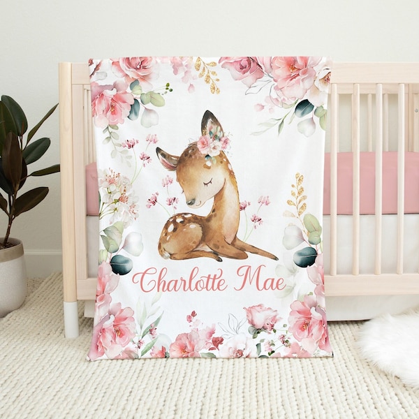 BABY GIRL PERSONALIZED Deer Blanket, Custom Name Toddler Girl Blanket, Newborn Girl Custom Baby Gift Pink Floral Woodland Girl Name Blanket