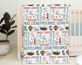 Personalized Fishing Baby Blanket, Custom Toddler Boy Name Blanket, Fisherman Nursery