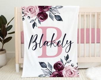 Custom Baby Girl Blanket, Personalized Floral Name Blanket, Newborn Girl Gift, Pink Floral Girl Blanket, Pink Rose Blanket, Girl Minky