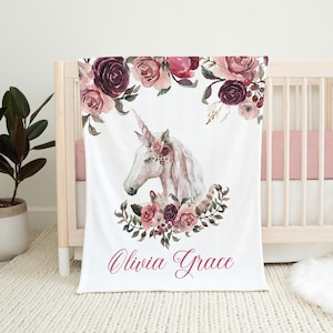 Floral Boho Unicorn Blanket, Personalized Baby Girl Blanket, Pink Floral Blanket, Custom Name Unicorn Blanket, Baby Girl Gift, Toddler Girl