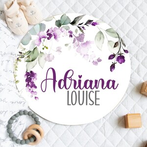 Purple Floral Baby Name Sign, Round Wood Baby Girl Sign, Floral Wood Name Decor, Newborn Girl Baby Name Reveal, Personalized Baby Girl Decor