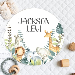 Safari Animals Round Wood Name Sign, Wood Wall Decor Boy Nursery, Lion Elephant Rhino, Newborn Baby Boy Name Announcement, Wood Sign Decor