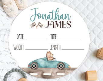 Race Car Birth Stats Sign, Personalized Birth Announcement Sign, Round Wood Name Sign, Baby Boy Wood Hospital Sign, Newborn Baby Stats Sign