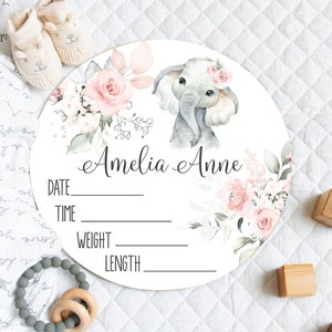 Floral Elephant Baby Birth Stats Sign, Pink Floral Round Wood Baby Sign, Personalized Girl Baby Stats Wood Sign, Elephant Hospital Sign