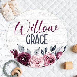 Pink Floral Girl Round Wood Baby Name Sign, Personalized Girl Name Decor, Custom Baby Girl Sign, Girl Name Sign, Floral Wooden Nursery Sign