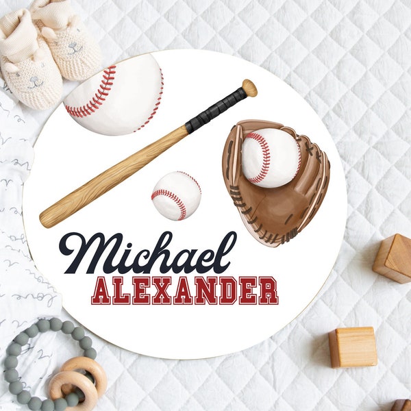 Baby Boy Baseball Name Sign, Name Announcement Sign, Personalized Newborn Name Round Wood Sign, Baseball Theme Nursery, Wooden Name Sign