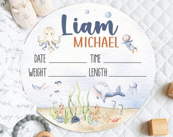 Under the Sea Birth Announcement Sign, Personalized Baby Birth Stats Sign, Ocean Theme Round Wood Baby Sign, Baby Boy, Custom New Baby Sign