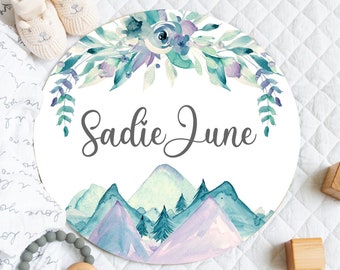 Baby Girl Mountain Name Sign, Girl Mountain Nursery Decor Sign, Round Wood Name Sign Baby Girl, Girl Name Announcement, Watercolor Mountains