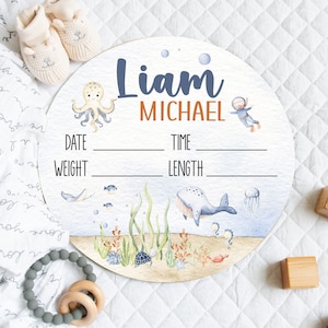 Under the Sea Birth Announcement Sign, Personalized Baby Birth Stats Sign, Ocean Theme Round Wood Baby Sign, Baby Boy, Custom New Baby Sign