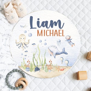 Under the Sea Baby Name Round Wood Sign, Ocean Theme Round Nursery Name Sign, Personalized Baby Name Announcement, Ocean Nursery Name Decor