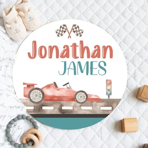 Personalized Race Car Wood Sign, Red Race Car Nursery, Round Wood Sign, Baby Boy Wood Decor, Newborn Boy Name Announcement, Boy Nursery Sign