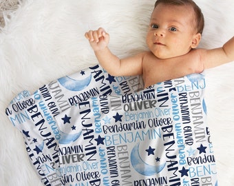 Personalized Moon and Stars Blanket, Navy Blue Gray, Newborn Baby Boy Name Blanket, Custom Baby Name Blanket, Boy Swaddle Blanket, Baby Gift