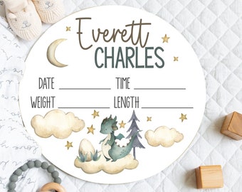 Dragon Nursery, Dragon Baby Birth Stats Sign, Fairytale Dragon Baby Name Sign, Baby Boy Birth Announcement, Round Wood Baby Sign, Dragon Art
