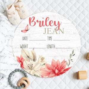 Floral Birth Stats Sign, Personalized Floral Birth Announcement, Round Wood Name Sign, Wood Baby Birth Sign, Custom Newborn Baby Stats Sign,