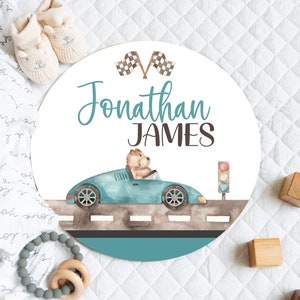 Baby Boy Personalized Wood Sign, Boy Race Car Nursery, Round Wood Sign, Race Car Animals, Newborn Boy Name Announcement, Boy Nursery Decor