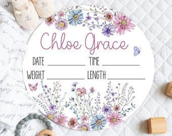 WILDFLOWER BABY GIRL Birth Stat Sign, Round Wood Hospital Sign, Baby Announcement Sign Wildflower Baby Shower Gift, Girl Baby Stats Flowers