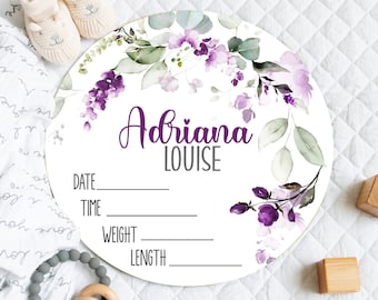 Purple Floral Baby Girl Birth Stats Sign, Newborn Girl Birth Announcement, Baby Girl Hospital Sign Birth Announcement, Wood Girl Name Sign