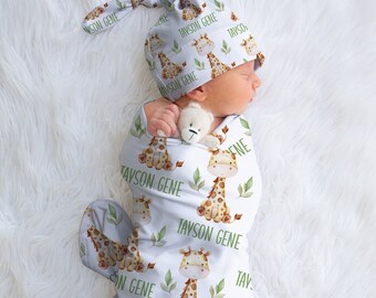 Personalized Baby Boy Giraffe Swaddle Blanket, Build Custom Set Hat Headband, Multiple sizes