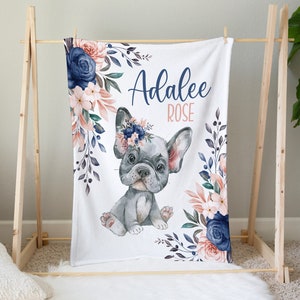 Baby Girl French Bulldog Blanket, Personalized French Bulldog Baby Blanket, Custom Girl Floral Puppy Blanket, Girl Name Blanket Bulldog