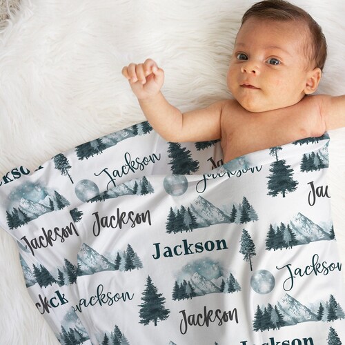 Personalized Baby Boy Name Blanket Watercolor Mountain Etsy