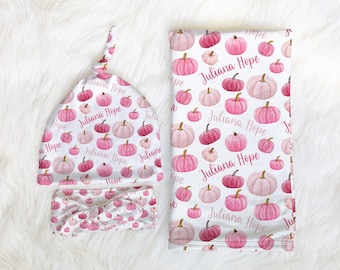 PINK PUMPKIN Baby Girl Swaddle Blanket Set, Tie Know Baby Headband, Personalized Pumpkin Swaddle Blanket Pink, Baby Shower Gift, Knotted Hat