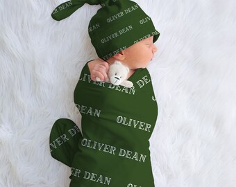 Hunter Green Baby Name Swaddle Blanket Hat Set, Baby Boy Swaddle Set, Baby Beanie Hat, Baby Name Knotted Hat, Choose Colors Fonts, Baby Gift