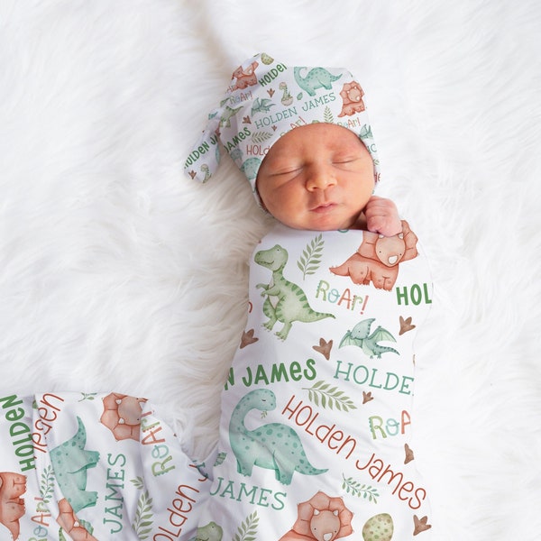 DINOSAUR SWADDLE BLANKET Set for Baby Boy, Personalized Name Swaddle, Baby Shower Gift, Dinosaur Baby Gift, Baby Boy Custom Blanket & Hat