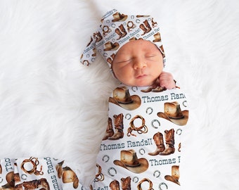 COWBOY Baby Boy Personalized Swaddle Blanket Set, Newborn Boy Swaddle Knotted Hat, Cowboy Hat  Boots Swaddle, Baby Name Blanket, Baby Gift