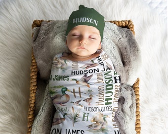 PERSONALIZED MALLARD DUCK Swaddle blanket, Baby Boy Custom Name Mallard Duck Gift, Infant Boy Swaddle Blanket Set, Duck Hunter Baby Blanket