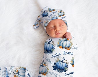 Personalized Blue Pumpkin Baby Swaddle and Knotted Hat Set